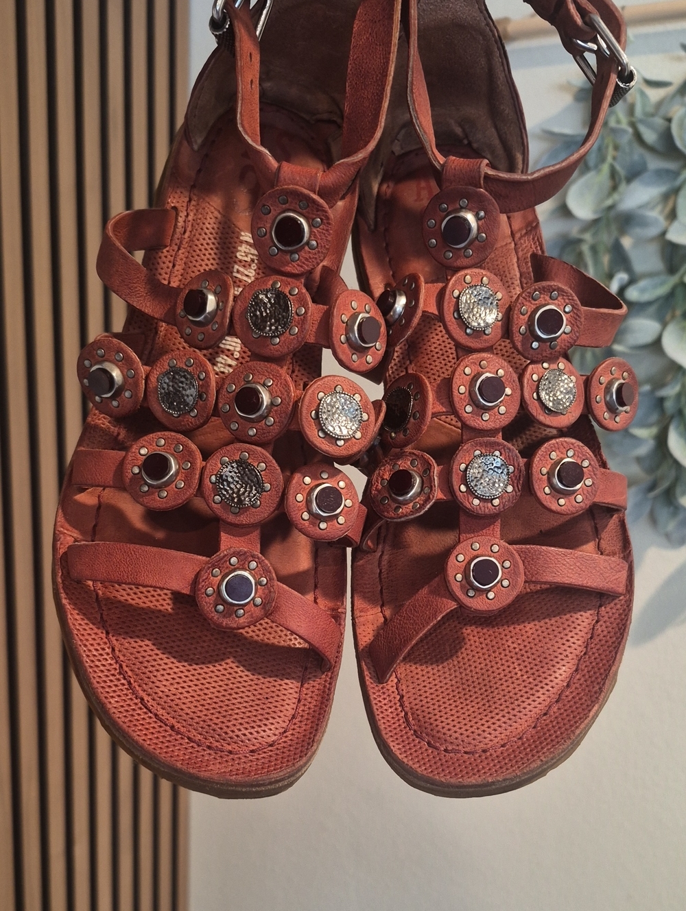 8.5 A.S. 98 Ginger Coin Medallion Strappy Gladiator Sandals, Adjustable Buckle